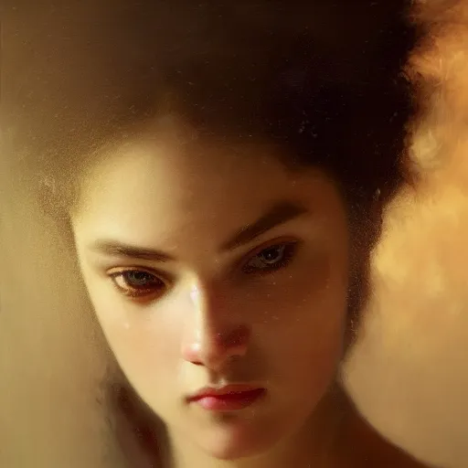 Image similar to hyperrealistic oil painting of woman, oil paint drips, dim volumetric lighting, 8 k octane beautifully detailed render, post - processing, portrait, extremely hyper - detailed, intricate, epic composition, cinematic lighting, masterpiece, by william - adolphe bouguereau, trending on artstation, very very detailed, masterpiece, stunning,