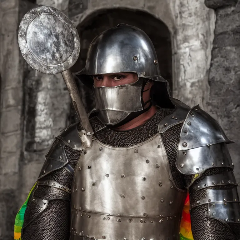 Image similar to High quality photograph from a middle aged Latin man with short hair, with facial hear, wear a medieval knight armor with open helmet, stands inside a queer pride rainbow bar UHD 8K