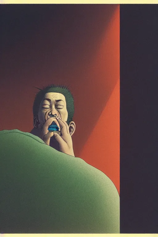 Prompt: a closeup portrait of a simple man licking a tab of LSD acid on his tongue and dreaming psychedelic hallucinations, by kawase hasui, moebius, Edward Hopper and James Gilleard, Zdzislaw Beksinski, Steven Outram colorful flat surreal design, hd, 8k, artstation