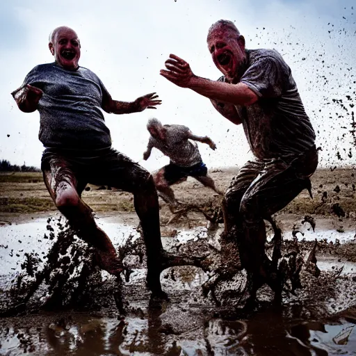 Prompt: action photography of old men jumping in mud, faces covered by mud, enjoying it, fun, high resolution, 8 k, hd, dslr