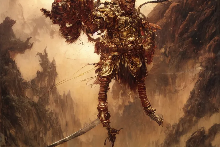 Prompt: portrait full body monkey king wukong medieval chines armor fighting giant monster by gaston bussiere, greg rutkowski, yoji shinkawa, yoshitaka amano, moebius, moebius, donato giancola, tim hildebrandt, oil on canvas, trending onartstation, featured on pixiv, cinematic composition, extreme detail