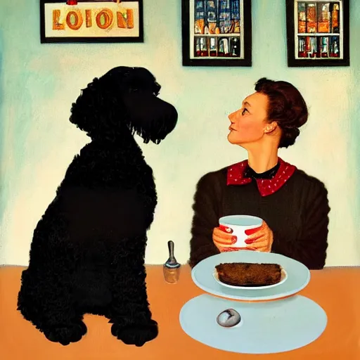 Image similar to Black Goldendoodle with a bright face and a puppy sitting at a diner drinking a cup of coffee, looking melancholy, Norman Rockwell style