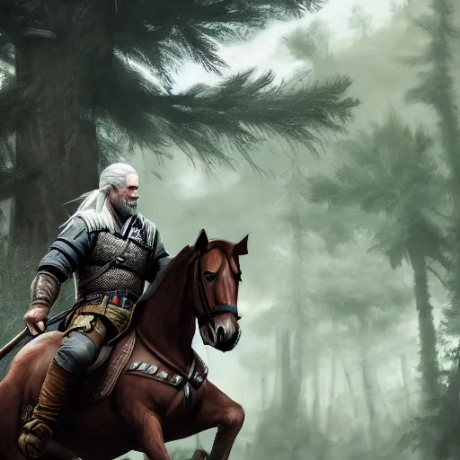 Image similar to Geralt of Rivia riding a horse in forest, 4k, artstation, cgsociety, award-winning, masterpiece, stunning, beautiful, glorious, powerful, fantasy art