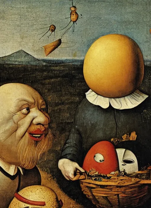 Prompt: an egg, round humpty dumpty with a jack black facial expression, realistic, by hieronymus bosch and pieter brueghel