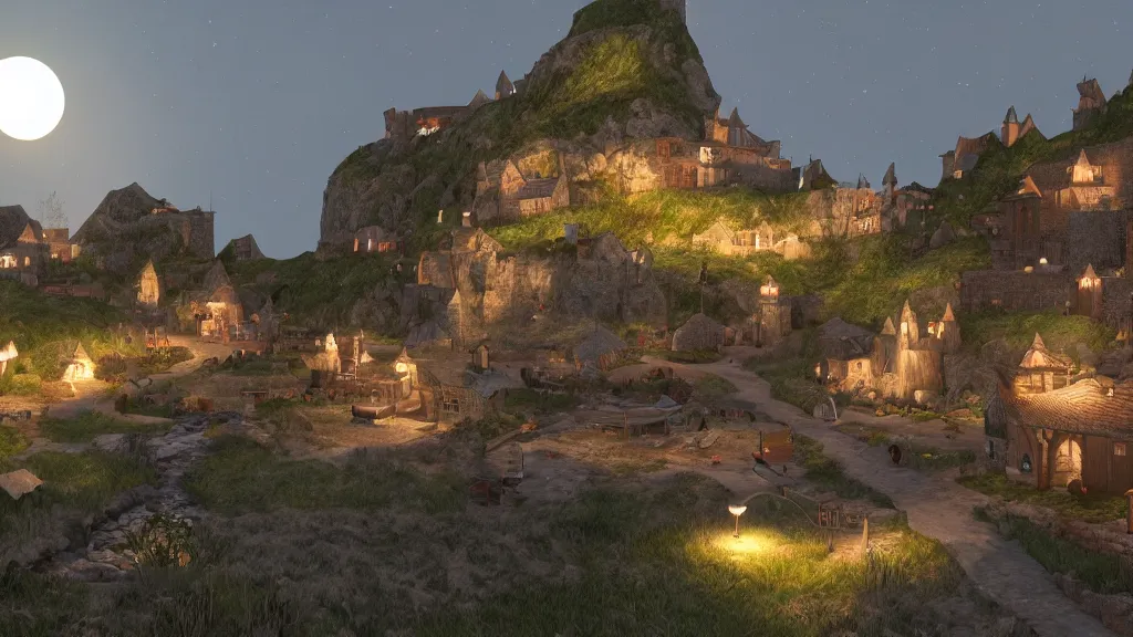 Image similar to A medieval fantasy village on the side of a cliff by the ocean , crescent moon, light glowing from windows at night realistic concept art unity engine raytracing 8K