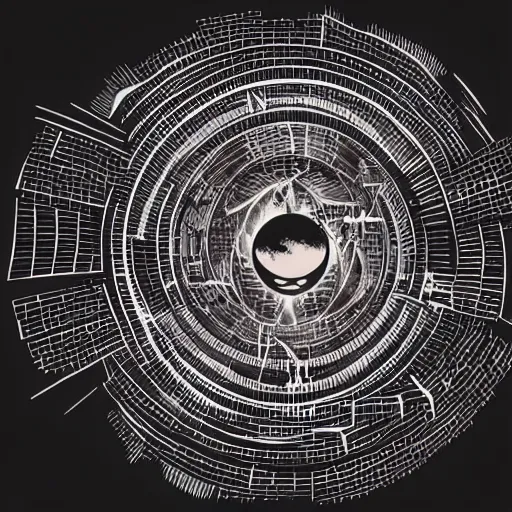 Prompt: tattoo png logo of black hole rising above city, city destroyed by shockwave, black hole with accretion disс, digital art, vector logo, sticker, black and white, art by brock hofer, marc simonetti, zdzisław beksinski, wayne barlow