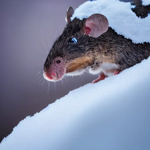 Image similar to mouse dino searching for food in the snow, macro shot, soft light of winter, award winning photo, national geographic,