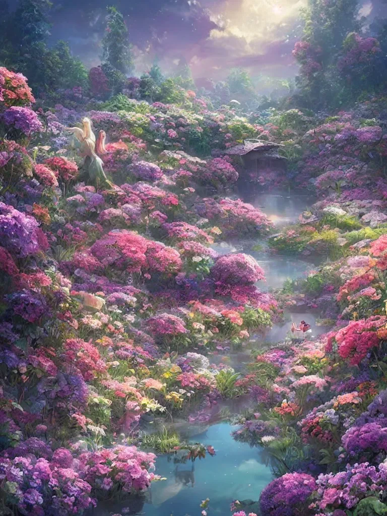 Image similar to a dream flower garden surrounding a lake environment where one draws mystical energy into their lives, background art, pristine concept art, small, medium and large design elements, in the style of WLOP and Ross Tran