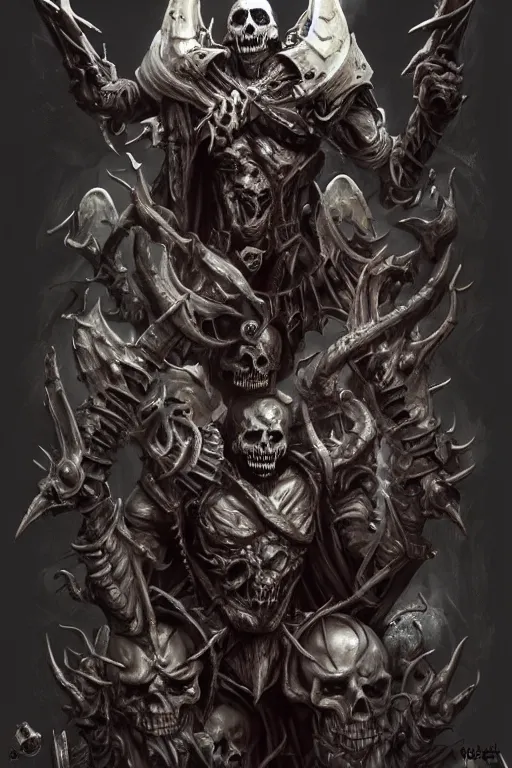 Image similar to death lord stand on skulls, highly detailed, d & d, fantasy, highly detailed, digital painting, trending on artstation, concept art, sharp focus, illustration, global illumination, ray tracing, realistic shaded, art by artgerm and greg rutkowski and fuji choko and viktoria gavrilenko and hoang lap,