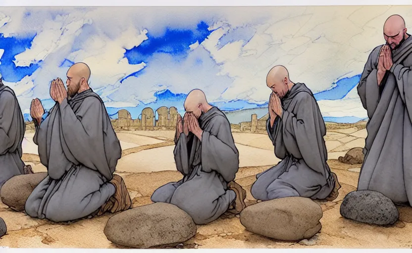 Image similar to a hyperrealist watercolour concept art of a group of medieval monks in grey robes kneeling in prayer. five large stones are floating in the sky. on a desert road. by rebecca guay, michael kaluta, charles vess and jean moebius giraud. high detail, hq, wide shot