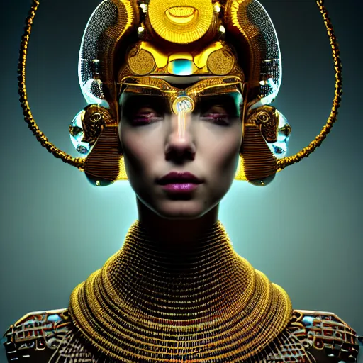 Image similar to portrait of an absurdly beautiful, graceful, sophisticated, fashionable egyptian cyberpunk mechanoid gravure idol, hyperdetailed illustration by irakli nadar, matt wisniewski style, intricate linework, fashion photography, porcelain skin, jellyfish headdress, golden cable necklace, unreal engine 5 highly rendered, radiant light, detailed and intricate environment