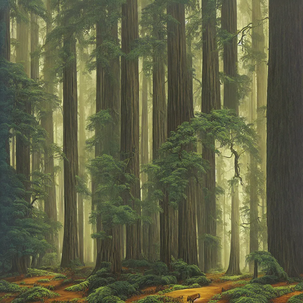 Prompt: a painting of an old growth redwood forest, by vladimir kush