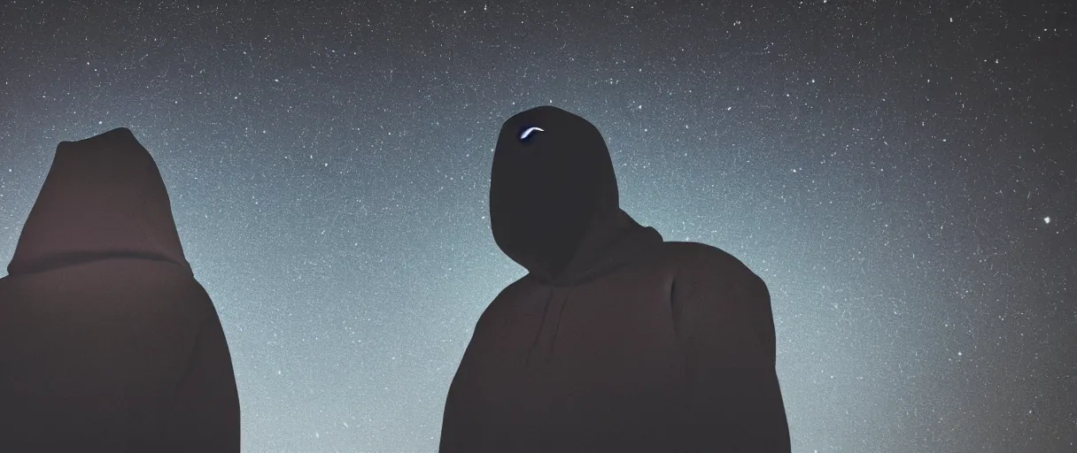 Image similar to a high quality color closeup over the shoulder shot hd 4 k film 3 5 mm photograph of a bulky figure wearing a hoodie in full shadow silhouette looking at the exterior to a top secret military base in antarctica at night