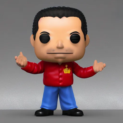 Image similar to 3 d render of funko pop figurine of hugo chavez. realistic. photo. photorealistic. detailed. high quality. high resolution. lossless quality. lossless. 8 k. hdr. 4 k. 8 k resolution. 1 6 k resolution