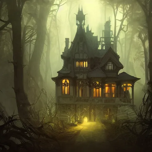 Image similar to a haunted victorian house in a dense dark forest, concept art, by Peter Mohrbacher and Alphonse Mucha, detailed, style, 8k, trending on artstation, unreal engine 4k, detailed, clean background trending, full shot, symmetrical portrait, sophisticated, Unreal engine, dystopia, anti-utopia, post processing, psychadelic