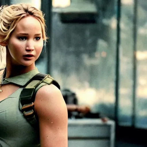 Image similar to still of Jennifer Lawrence as Cammy in remake of movie Street Fighter (2029)