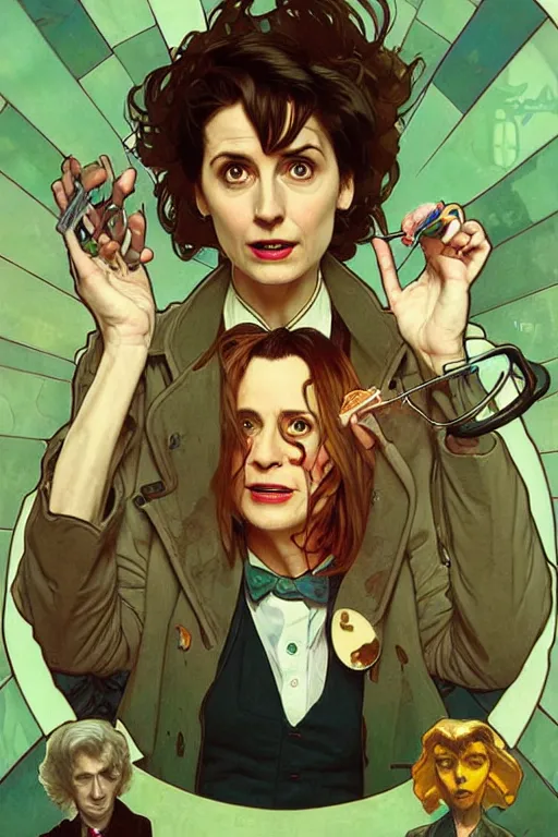 Image similar to doctor who, woman, as a mad dentist, on a plain green background, art by artgerm and greg rutkowski and alphonse mucha