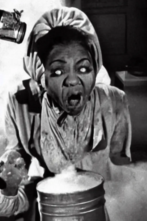 Prompt: aunt jemima covered in maple syrup horror movie cinematic