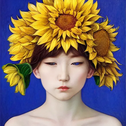 Image similar to white cat girl, botanical, sunflower, portrait face, colorful, frantisek kupka, intricate, miles johnston, kuroda seiki, cynical realism, ozabu, john william godward, painterly, yoshitaka amano, moebius, miles johnston, louise zhang, james jean, mark ryden lowbrow pop surrealism art style