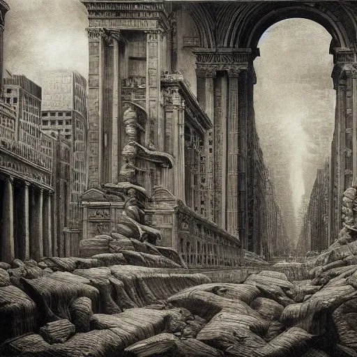 Prompt: new york city being rebuilt as mesopotamian architecture. giger, cyclopic, dark, atmospheric, stormy weather, gustave dore, italy 1 8 1 6