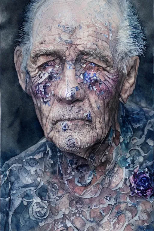 Image similar to portrait of a very old man with aquarelle painted skin. close up, very dark bluish hair, light eyes, intricate dark flowers pattern everywhere, high detail, by Eddie Mendoza