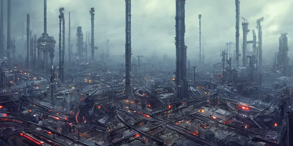 Prompt: futuristic science-fiction landscape of the world of machines, huge mechanical towers buildings and bridges, ground full of factories and pipes, under a dark cloudy sky, in the style of Blade Runner