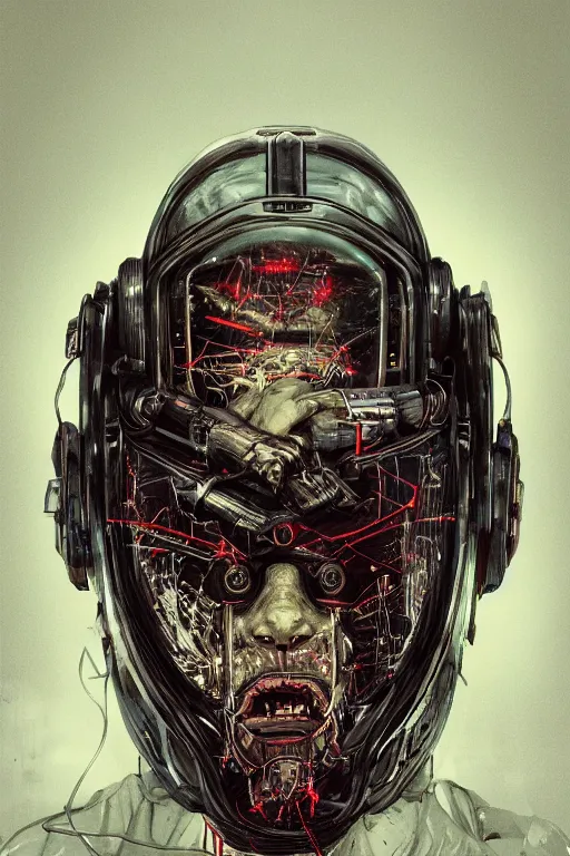 Image similar to portrait of a mutant beast, diseased. intricate abstract. cyberpunk, vhs glitch. full face broken helmet. intricate artwork. nightmare fuel. terrifying. empty oxygen tank. by Tooth Wu, wlop, Antoine Collignon, dan mumford. octane render, CGSociety, dan witz very coherent symmetrical artwork. cinematic, hyper realism, high detail, octane render, 8k, iridescent accents, black and white