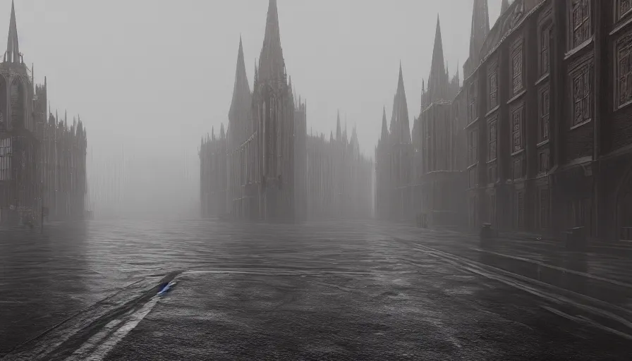 Image similar to empty streets of neo - gothic london, wet streets, fog, cold, hyperdetailed, artstation, cgsociety, 8 k