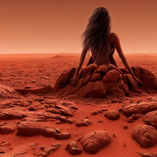 Image similar to Still of a Martian woman with gorgeous flowing hair on Mars, sitting on a Martian rock, reddish atmosphere with detailed highlights, dark gloomy sky cascading upon the atmosphere, well-detailed ornate Martian mountains in the background, trending on artstation, 4k, 8k