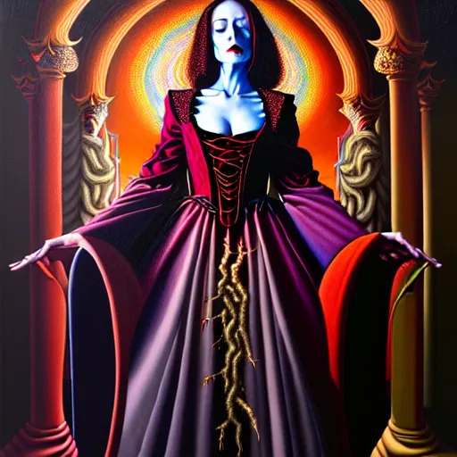 Image similar to beautiful oil painting, full length vampire in baroque coronation robes 1 7 0 1, dan mumford, dan mumford, alex grey, hyacinthe rigaurd, highly detailed, lsd visuals, dmt fractal patterns, visionary art, psychedelic art, ornate, vaporwave, baroque, greg rutkowski