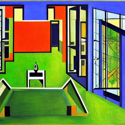 Prompt: a large room with a green lawn in the middle of it, a cubist painting by gilberto soren zaragoza, cg society, modernism, symmetrical, cubism, windows vista