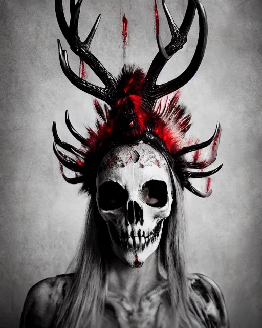 Image similar to deer - skull sisters ghost - spirit of the grim - warpaint wears the scarlet skull armor and native blood headdress antlers, midnight fog - mist!, cinematic lighting, various refining methods, micro macro autofocus, ultra definition, award winning photo, photograph by ghostwave - gammell - giger - shadowlord