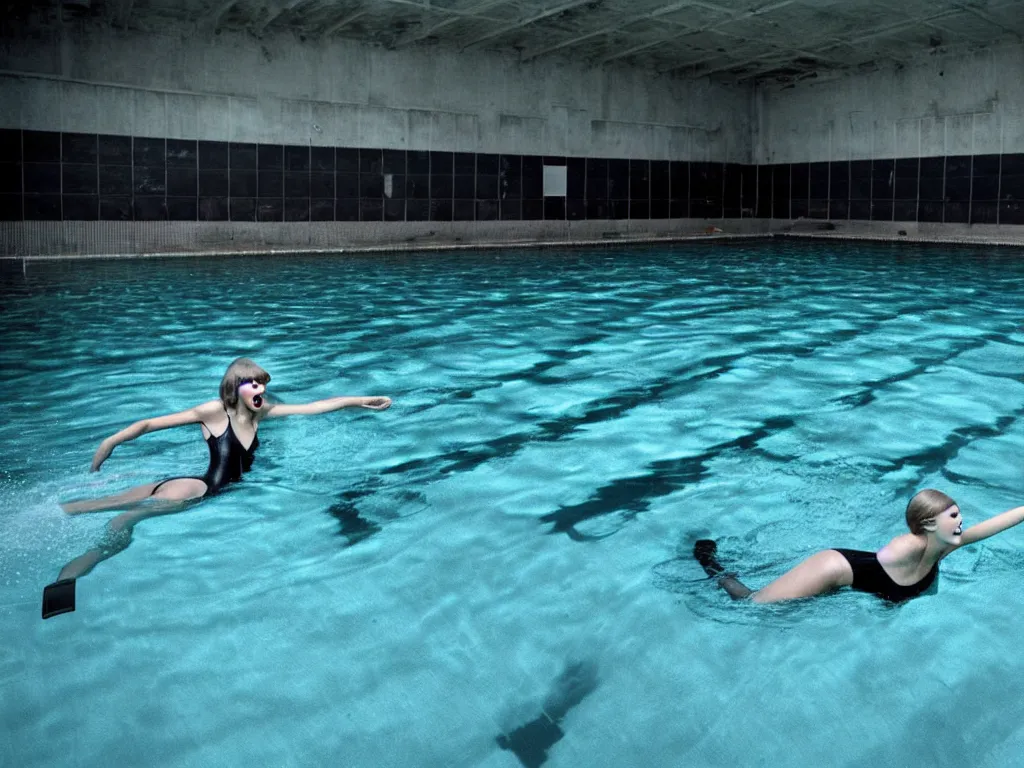 Prompt: taylor swift swimming inside a disgusting abandoned swimming pool liminal space nostalgia grey black mould
