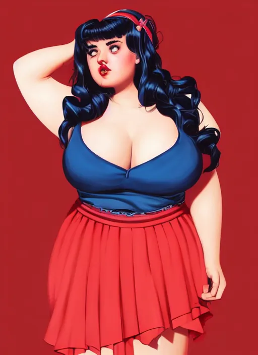 Image similar to full body portrait of teenage veronica lodge, obese, bangs, sultry, realistic, sultry smirk, wavy hair, red skirt, fat, belly, intricate, elegant, glowing lights, highly detailed, digital painting, artstation, concept art, smooth, sharp focus, illustration, art by wlop, mars ravelo and greg rutkowski