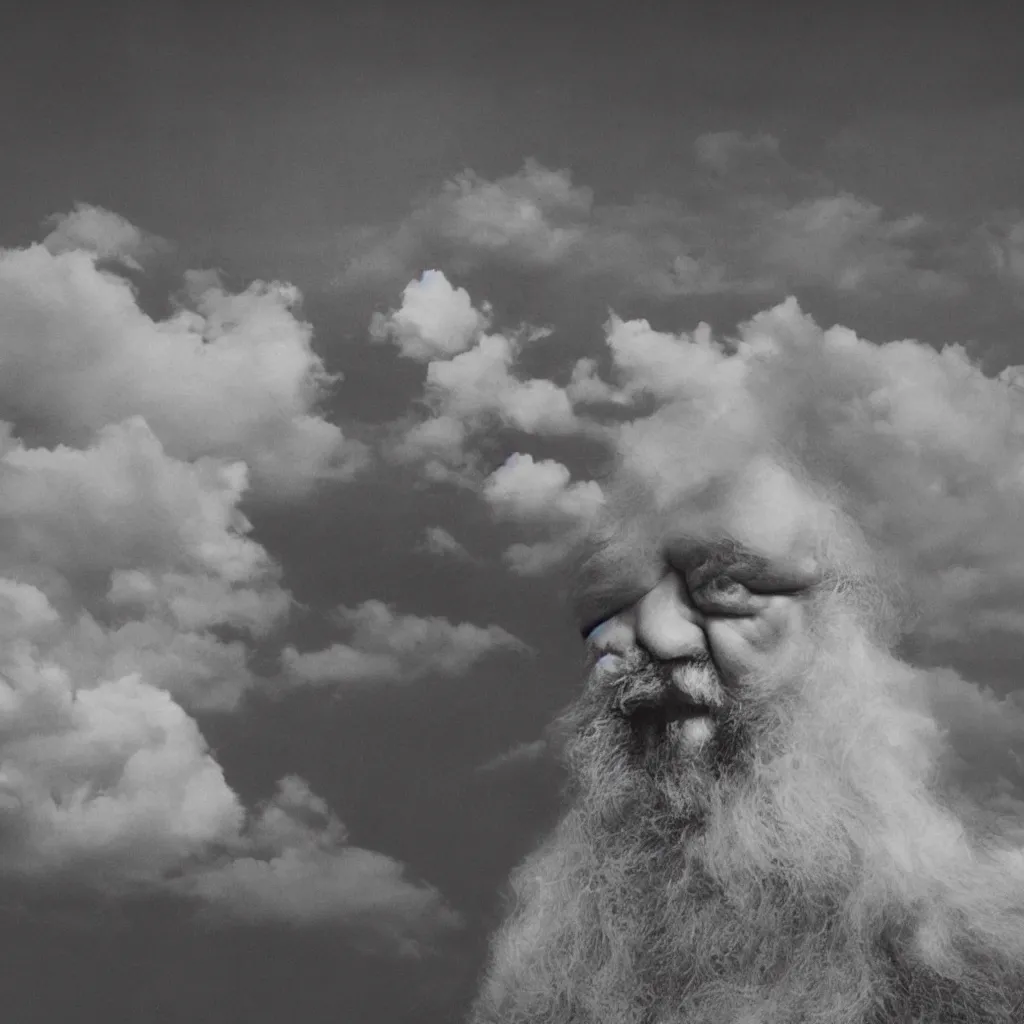 Image similar to An Alec Soth portrait photo of the moon, a cloud of Orson Welles as Falstaff floats in the sky, the moon is wearing several horse-hair wigs, Falstaff's face is also on the moon