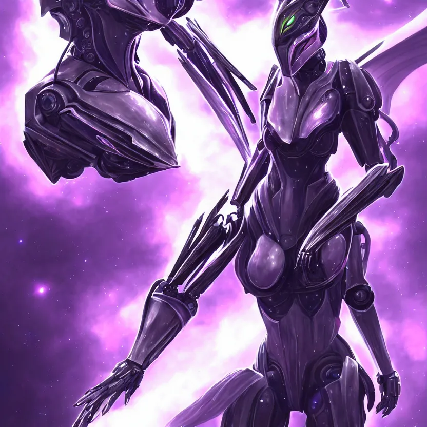 Image similar to cinematic bust shot, cosmic sized proportional stunning beautiful hot female warframe, detailed robot mecha female dragon head, metal ears purple eyes, sleek silver armor, fuschia skin, floating in empty space, nebula sized, posing elegantly, epic proportions, epic size, epic scale, furry art, dragon art, giantess art, warframe fanart, furaffinity, deviantart