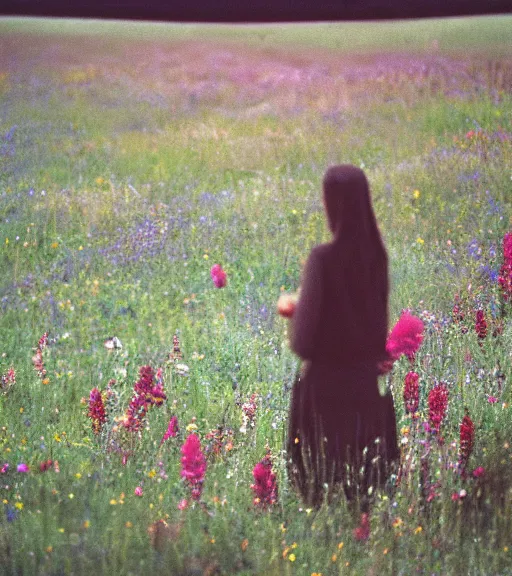 Image similar to mystical death god standing in tall meadow of flowers, distant, film photo, grainy, high detail, high resolution