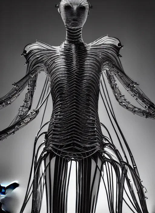 Image similar to walking down the catwalk, show, stage, vogue photo, podium, fashion show photo, iris van herpen, beautiful woman, full body shot, masterpiece, inflateble shapes, alien, giger, plant predator, guyver, jellyfish, wires, veins, white biomechanical details, wearing epic bionic cyborg implants, highly detailed