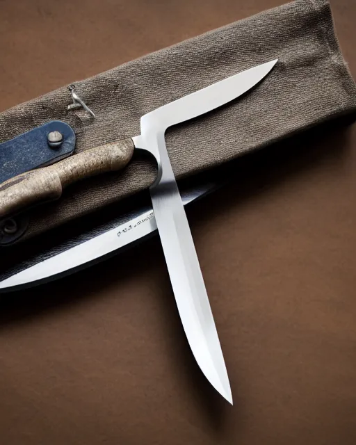 Prompt: A studio photo of a knife made from stainless steel, highly detailed, bokeh, 90mm, f/1.4