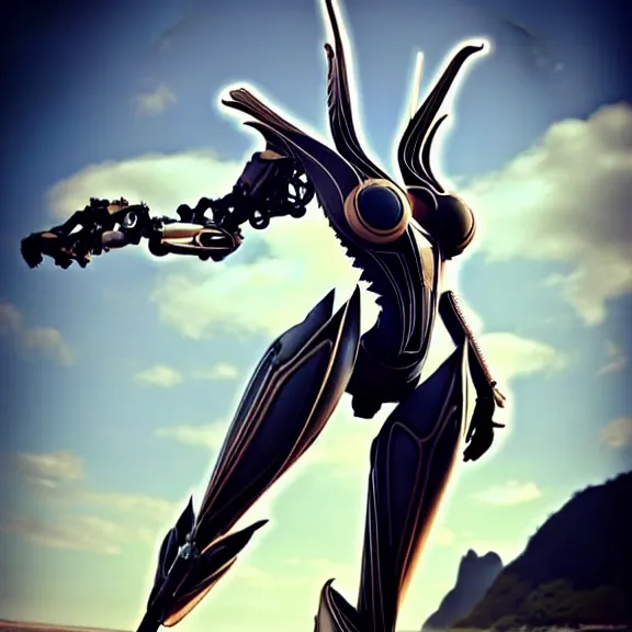 Image similar to looking up at a highly detailed 300 foot tall giant elegant exquisite beautiful stunning valkyr female warframe, as an anthropomorphic robot dragon, posing elegantly over your tiny form, detailed legs looming over you, camera on the ground, at the beach on a sunset, sleek streamlined design, streamlined matte black armor, sharp detailed claws, detailed sharp robot dragon feet, worms eye view, giantess shot, camera close to the legs, upward shot, ground view shot, leg shot, front shot, epic cinematic shot, high quality warframe fanart, captura, realistic, professional digital art, high end digital art, furry art, giantess art, anthro art, DeviantArt, artstation, Furaffinity, 8k HD render, epic lighting