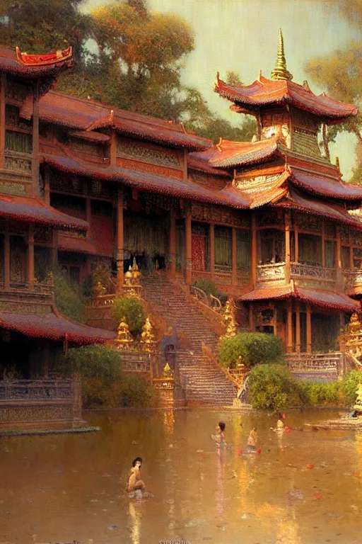 Image similar to Asian palace, painting by Gaston Bussiere, Craig Mullins