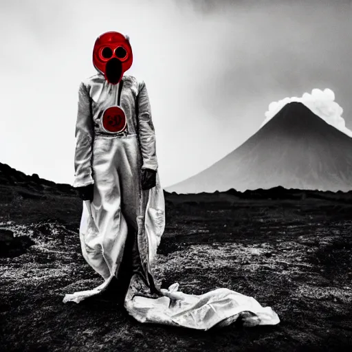 Image similar to woman with white suit with a dragon, she wear red eyed gasmask, in volcano, standing close to volcano, fire raining, professional photography, black and white, cinematic, eerie