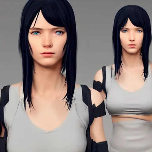 Image similar to « portrait, attractive, blue eyes, black hair, middle length hair, ghost in the shell, front view, unreal engine 5 »