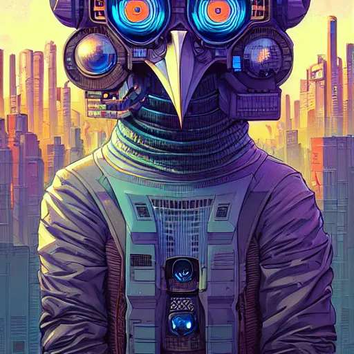 Prompt: A cyberpunk owl cyborg on the street of a cyberpunk city art by Josan Gonzalez, sci-fi, highly detailed, digital painting, artstation, smooth, sharp focus, illustration, concept art by Josan Gonzalez and James Gurney and Mœbius