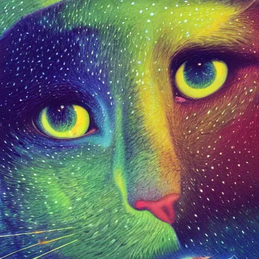 Image similar to psychedelic amber eyes cat eyes lush pine forest, outer space, milky way, designed by arnold bocklin, jules bastien - lepage, tarsila do amaral, wayne barlowe and gustave baumann, cheval michael, trending on artstation, star, sharp focus, colorful refracted sparkles and lines, soft light, 8 k 4 k