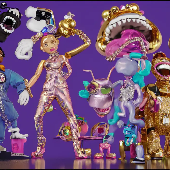 Image similar to jeff koons hip hop bauhaus style street sharks sailor moon wearing diamond grillz and a ton of bussdown iced gold bling in wallace & gromit strata - cut claymation, ultra realistic, concept art, intricate details, serious, highly detailed, photorealistic, octane render, 8 k, unreal engine, art by todd mcfarlane