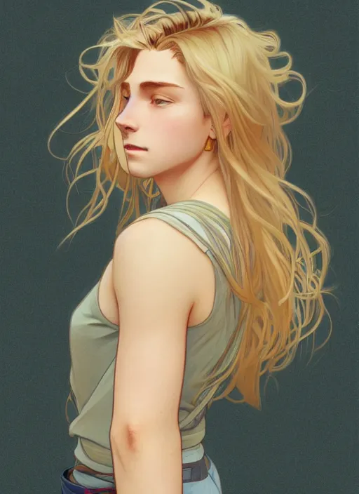 Image similar to pretty young man with shoulder length shiny shimmering golden blond hair, half body shot, path traced, highly detailed, high quality, digital painting, by studio ghibli and alphonse mucha, leesha hannigan, hidari, disney