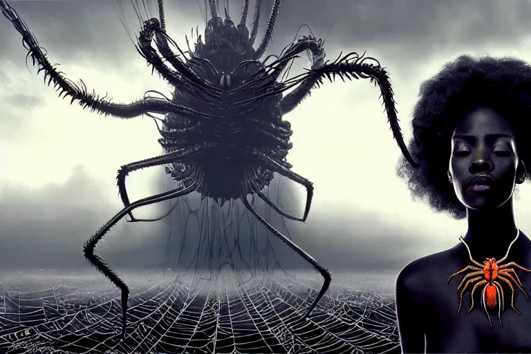 Image similar to realistic detailed photorealistic portrait movie shot of a beautiful black woman with a giant spider, dystopian city landscape background by denis villeneuve, amano, yves tanguy, alphonse mucha, ernst haeckel, david lynch, edward robert hughes, roger dean, cyber necklace, rich moody colours, cyber patterns, wide angle