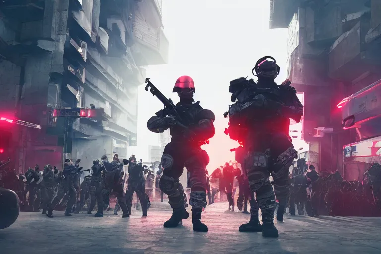 Image similar to a siege in opera house, tenet, heavy armed forces,crowd, musicians, swat, cyberpunk ninja armor, realistic, octane render, cinematic