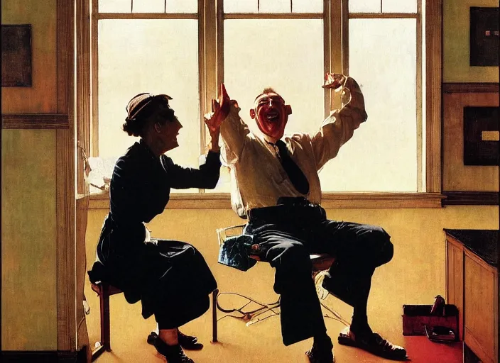 Image similar to a laughing man sitting by the window, a slim woman in the background, norman rockwell